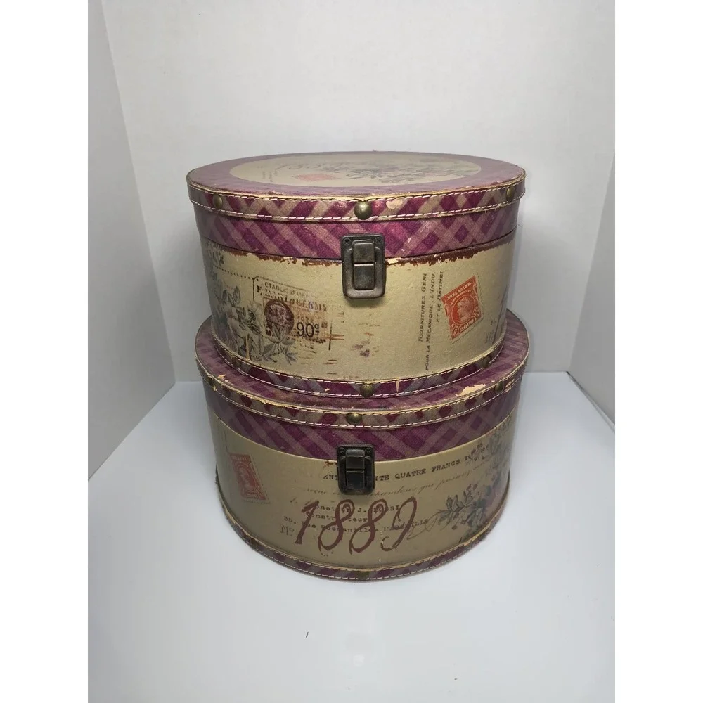 Vintage Style Nesting Round Hat Box Set Hardboard Metal Latch